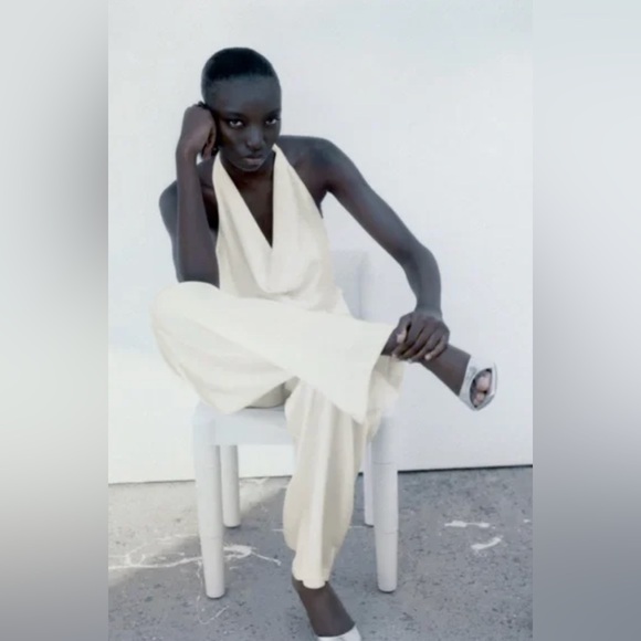 Zara SATIN EFFECT HALTER JUMPSUIT. Ecru. Size S. New with Tags. - Picture 4 of 11